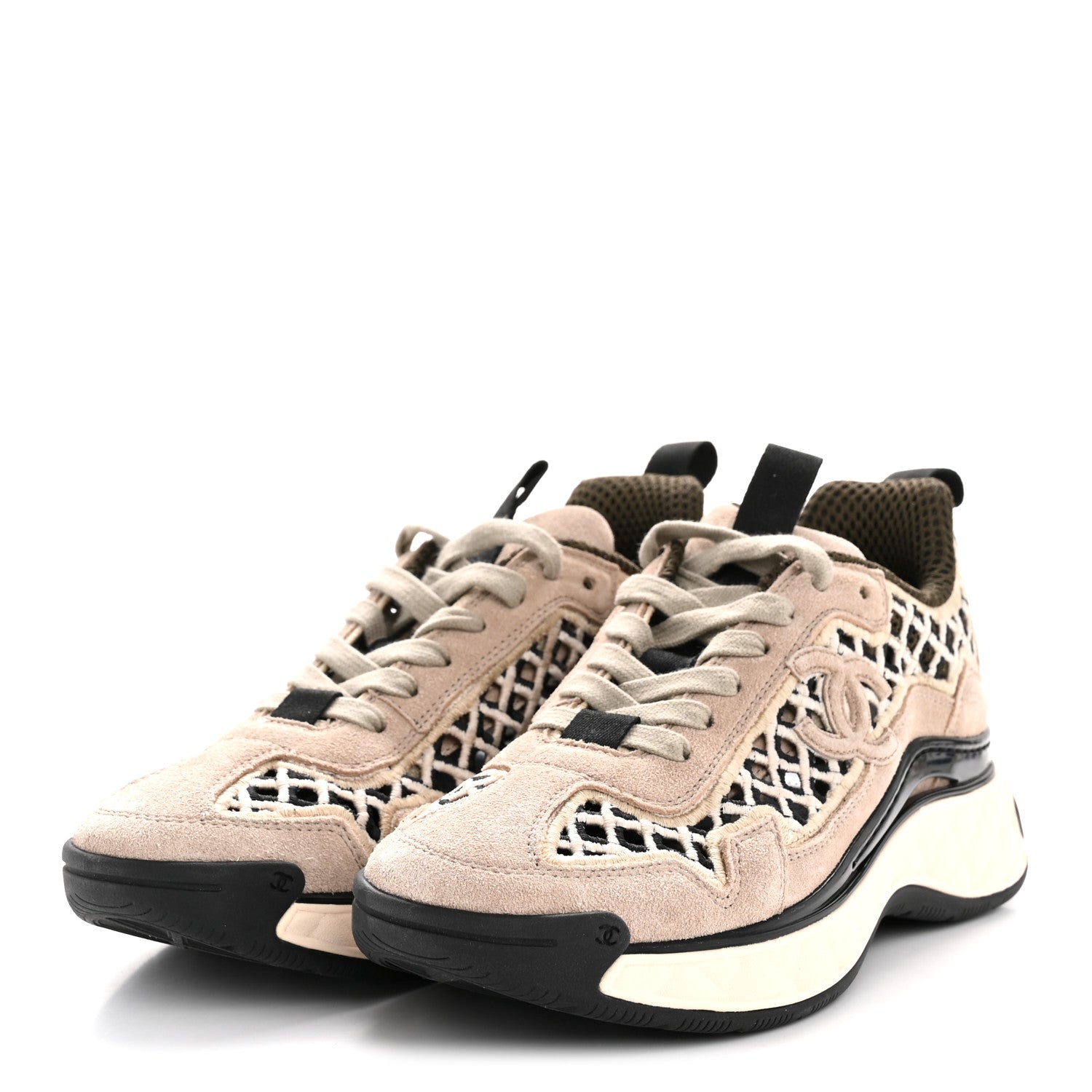 Chanel Suede Calfskin Embroidered CC Sneakers 35.5 Beige Black 4 of 9