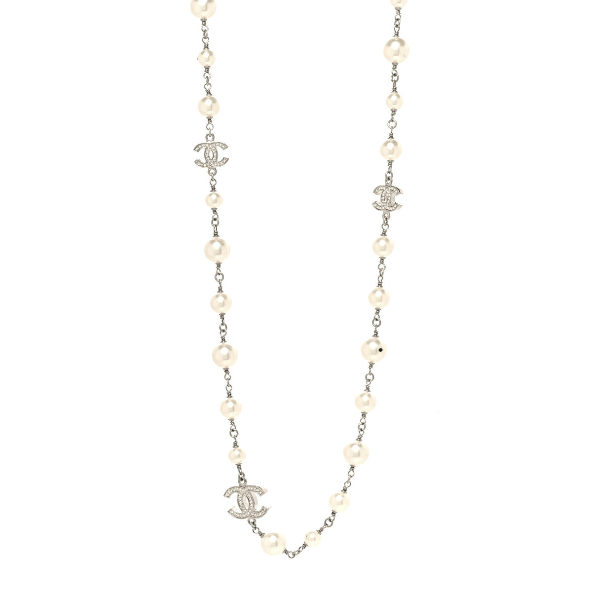 Graduated Pearl Crystal CC Long Necklace Silver