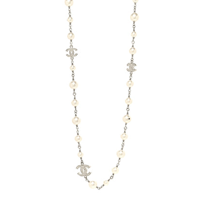 Chanel Graduated Pearl Crystal CC Long Necklace Silver 1 of 6