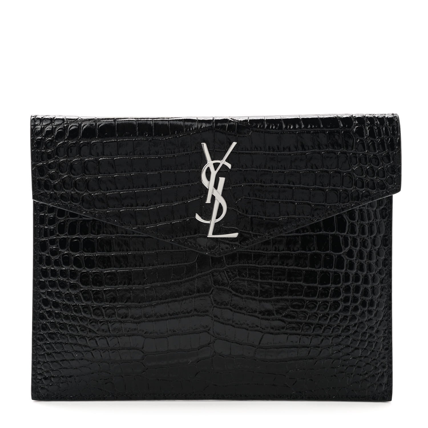 Saint Laurent Calfskin Crocodile Embossed Monogram Uptown Baby Pouch Black 1 of 5