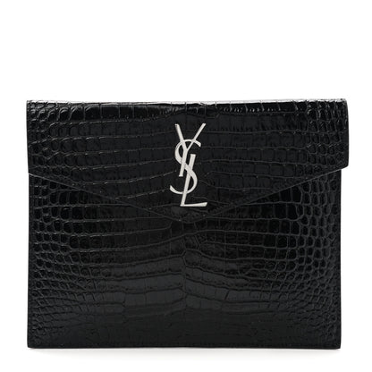 Saint Laurent Calfskin Crocodile Embossed Monogram Uptown Baby Pouch Black 1 of 5