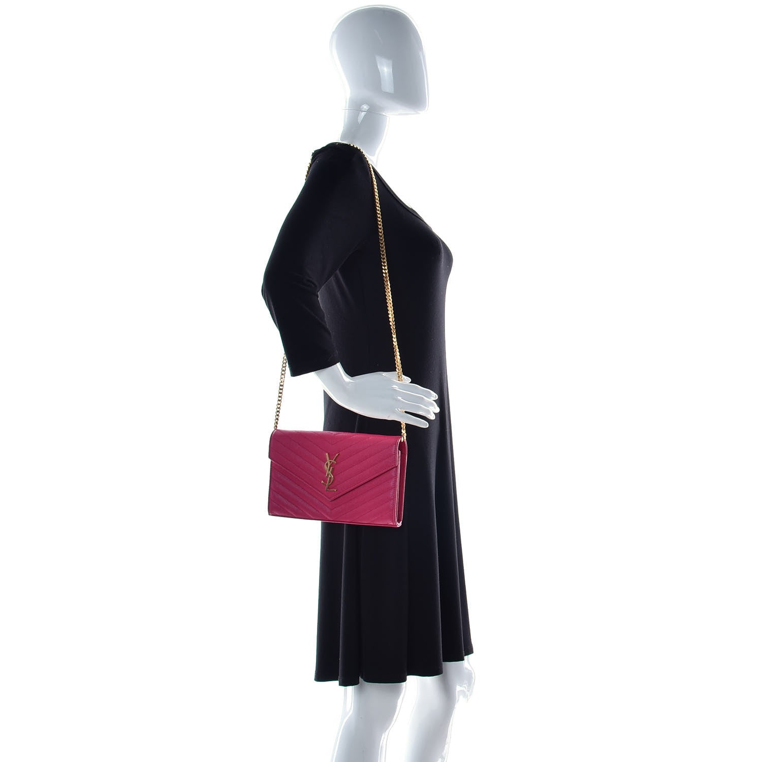 Saint Laurent Grain De Poudre Matelasse Chevron Monogram Chain Wallet Bubblegum 2 of 12