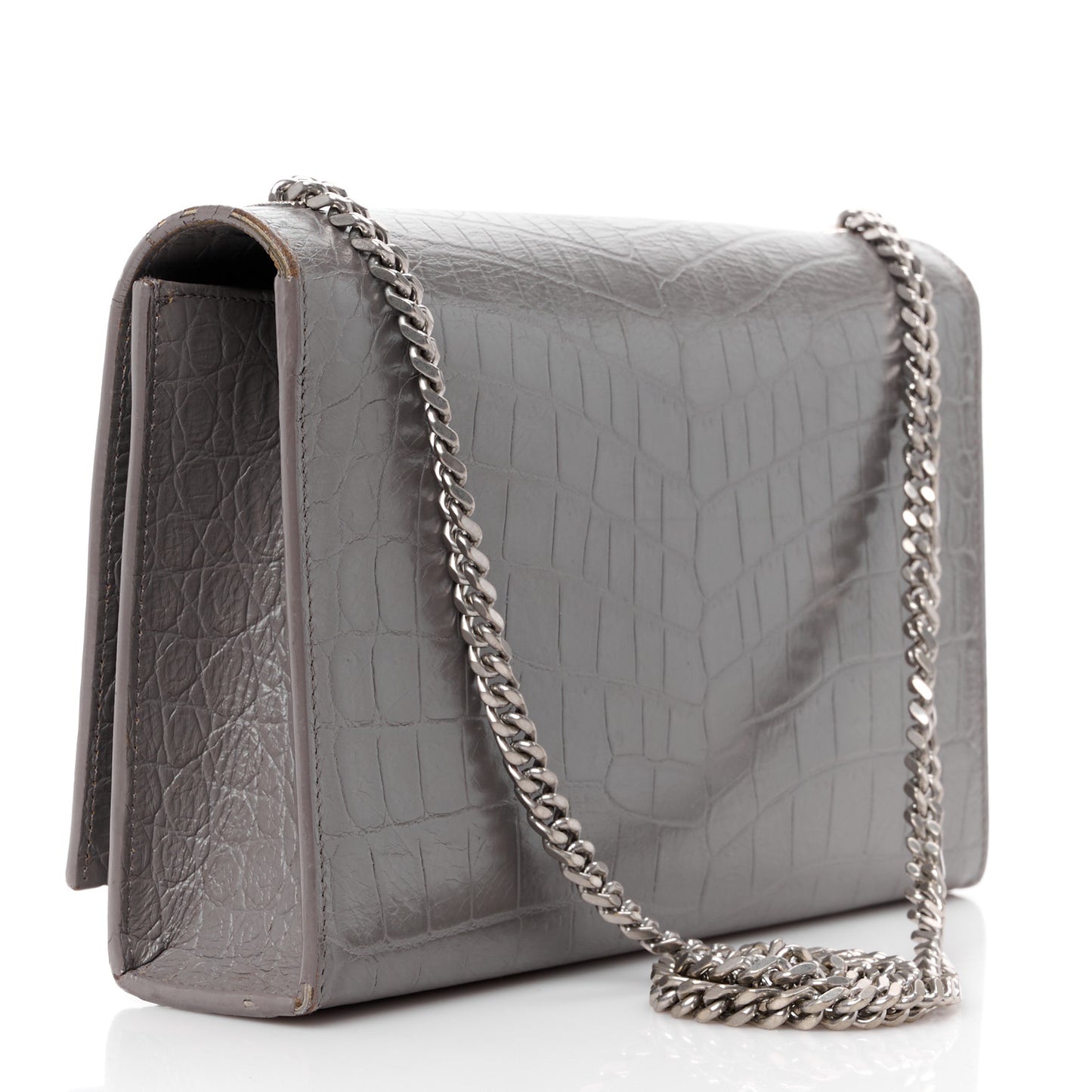 SAINT LAURENT Calfskin Crocodile Embossed Medium Classic Monogram Kate Tassel Satchel Fog
