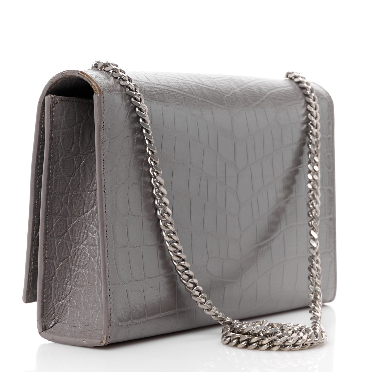 Saint Laurent SAINT LAURENT Calfskin Crocodile Embossed Medium Classic Monogram Kate Tassel Satchel Fog 3 of 13
