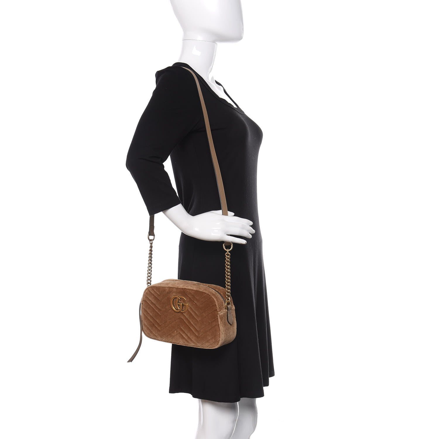 Gucci Velvet Matelasse Small GG Marmont Chain Shoulder Bag Taupe 2 of 11