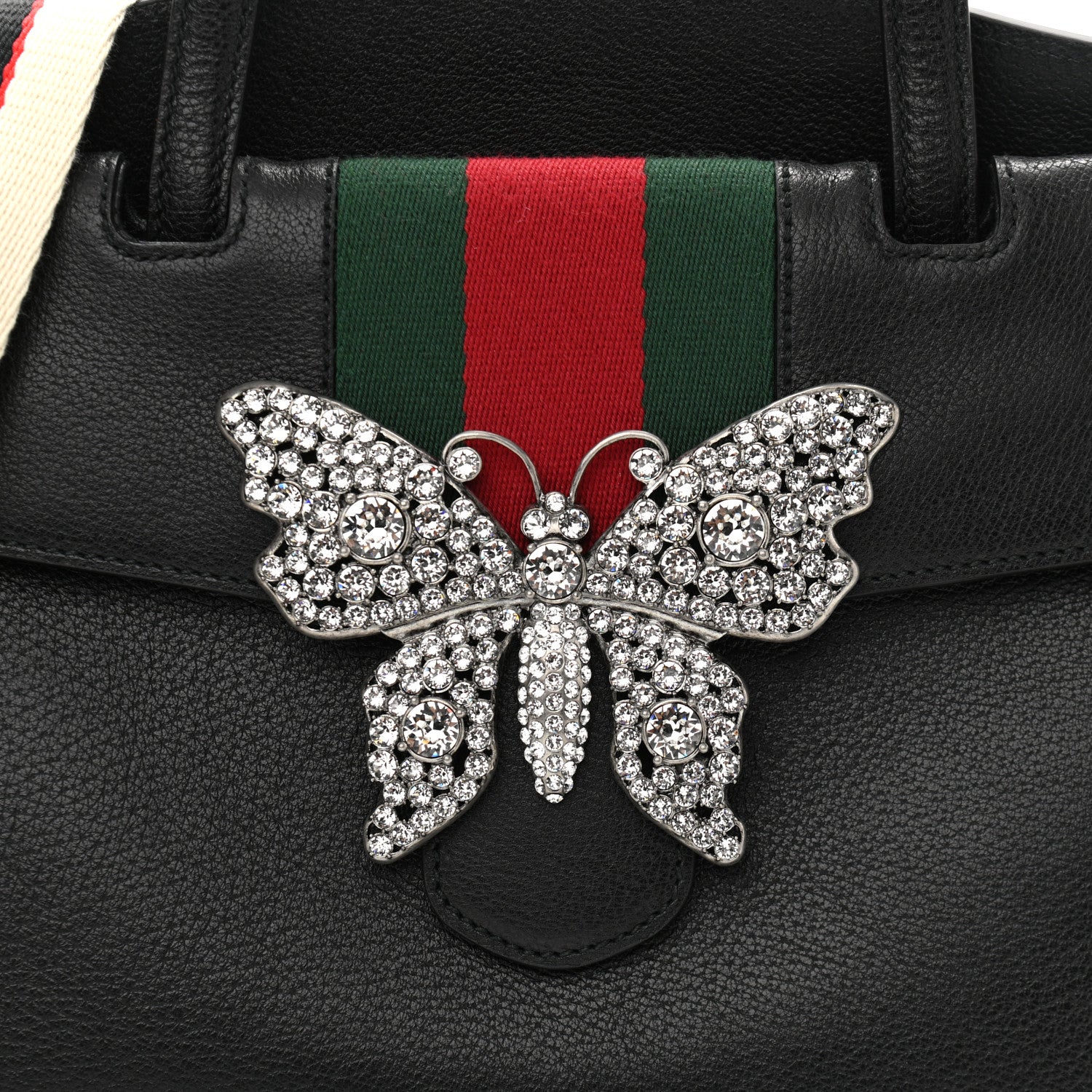 Gucci Grained Calfskin Web Crystal Butterfly Stripe Medium Totem Top Handle Bag Black 8 of 10