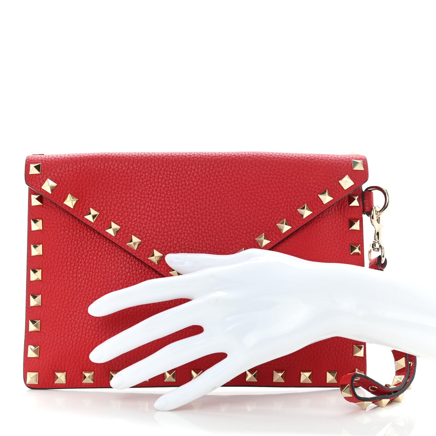 Pebbled Calfskin Medium Rockstud Envelope Flat Wristlet Pouch Rouge Pur