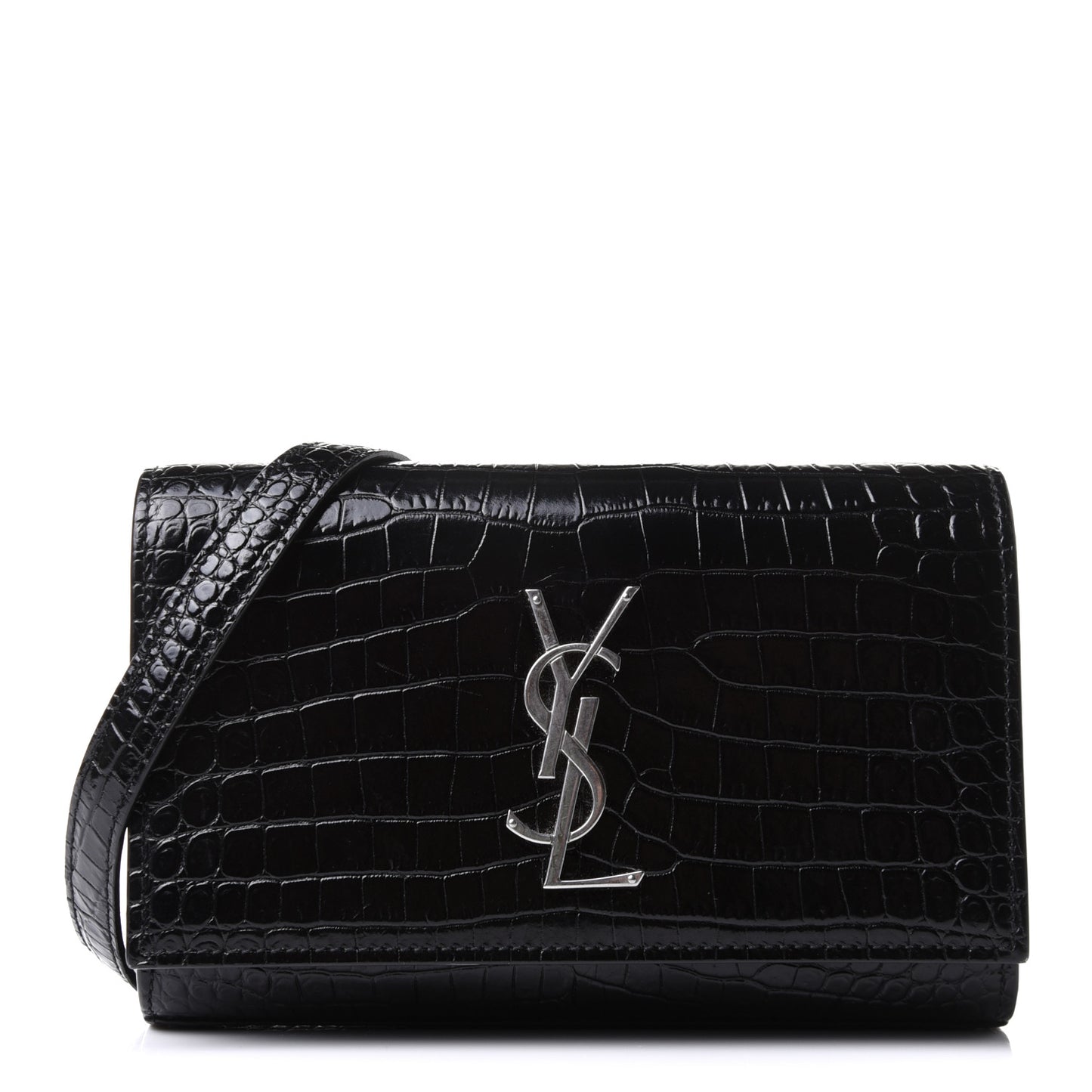 Calfskin Crocodile Embossed Monogram Kate Belt Bag Black