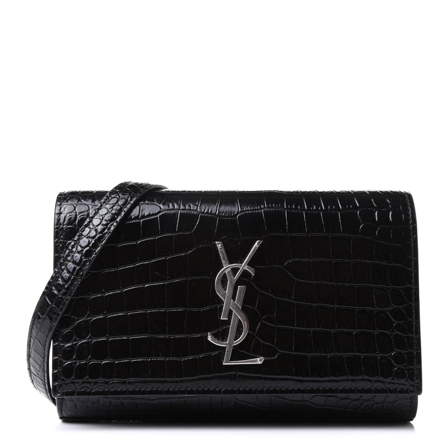 Saint Laurent Calfskin Crocodile Embossed Monogram Kate Belt Bag Black 1 of 12