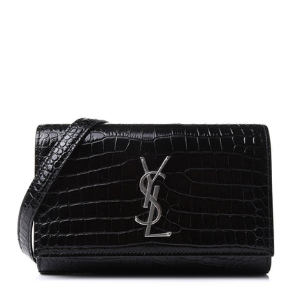 Saint Laurent Calfskin Crocodile Embossed Monogram Kate Belt Bag Black 1 of 12