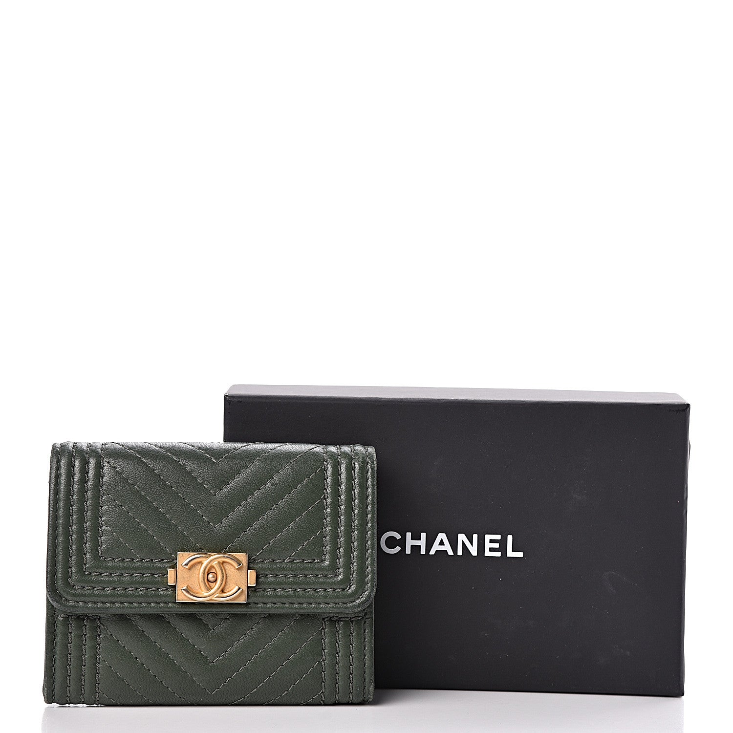 Chanel Lambskin Chevron Quilted Boy Card Holder Wallet Dark Green 9 of 9