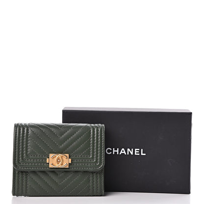 Chanel Lambskin Chevron Quilted Boy Card Holder Wallet Dark Green 9 of 9
