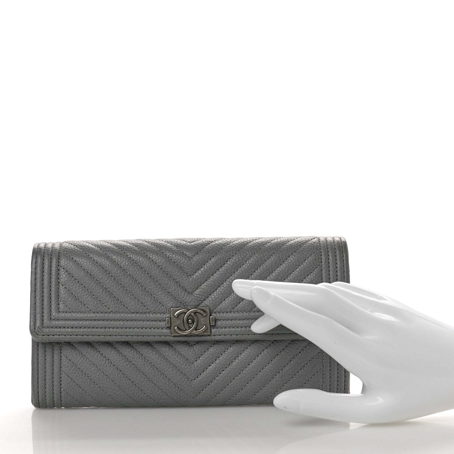 Chanel Caviar Chevron Quilted Large Boy Gusset Flap Wallet Grey 2 of 13