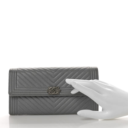 Chanel Caviar Chevron Quilted Large Boy Gusset Flap Wallet Grey 2 of 13