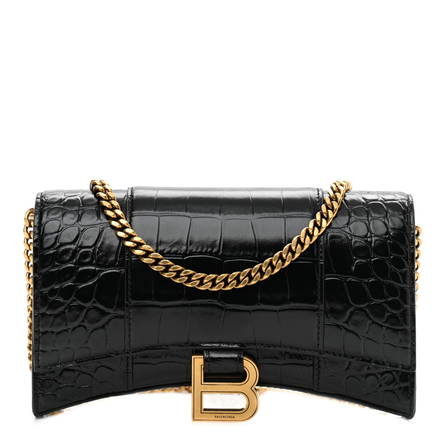 Balenciaga Shiny Calfskin Crocodile Embossed Hourglass Chain Bag Black 1 of 8