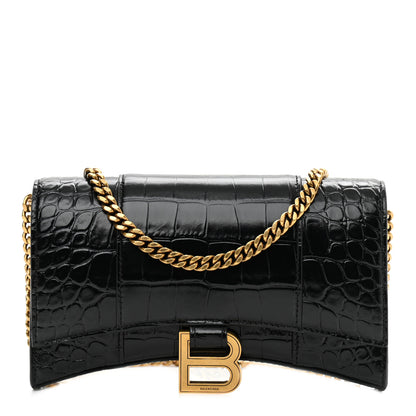 Balenciaga Shiny Calfskin Crocodile Embossed Hourglass Chain Bag Black 1 of 8