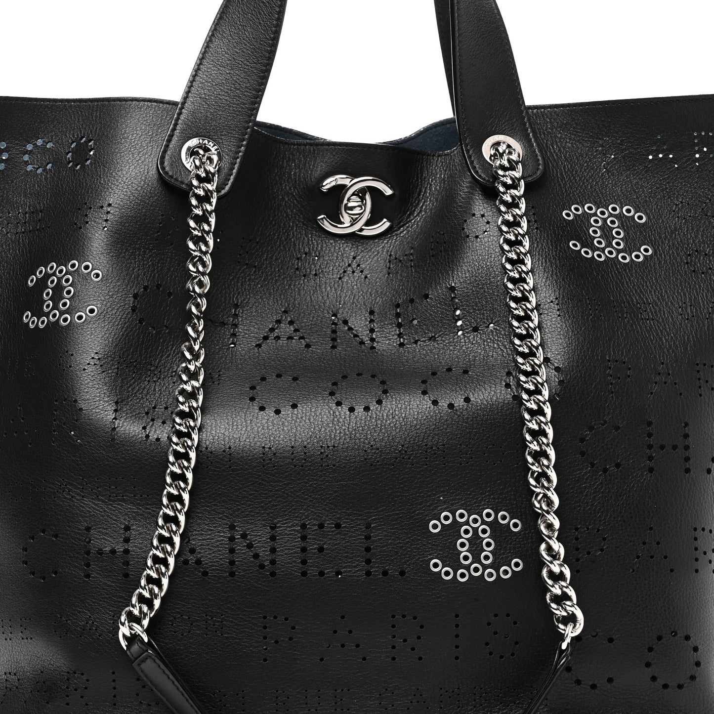 Calfskin Tweed Small Logo Eyelets Shopping Tote Black