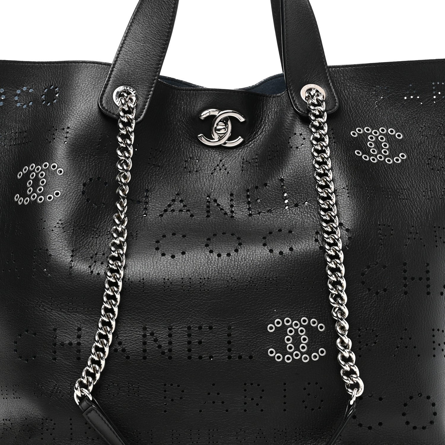Chanel Calfskin Tweed Small Logo Eyelets Shopping Tote Black 9 of 11