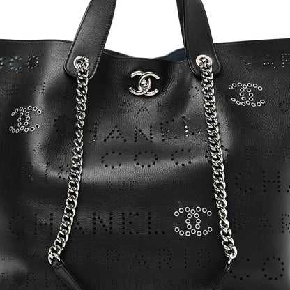 Chanel Calfskin Tweed Small Logo Eyelets Shopping Tote Black 9 of 11