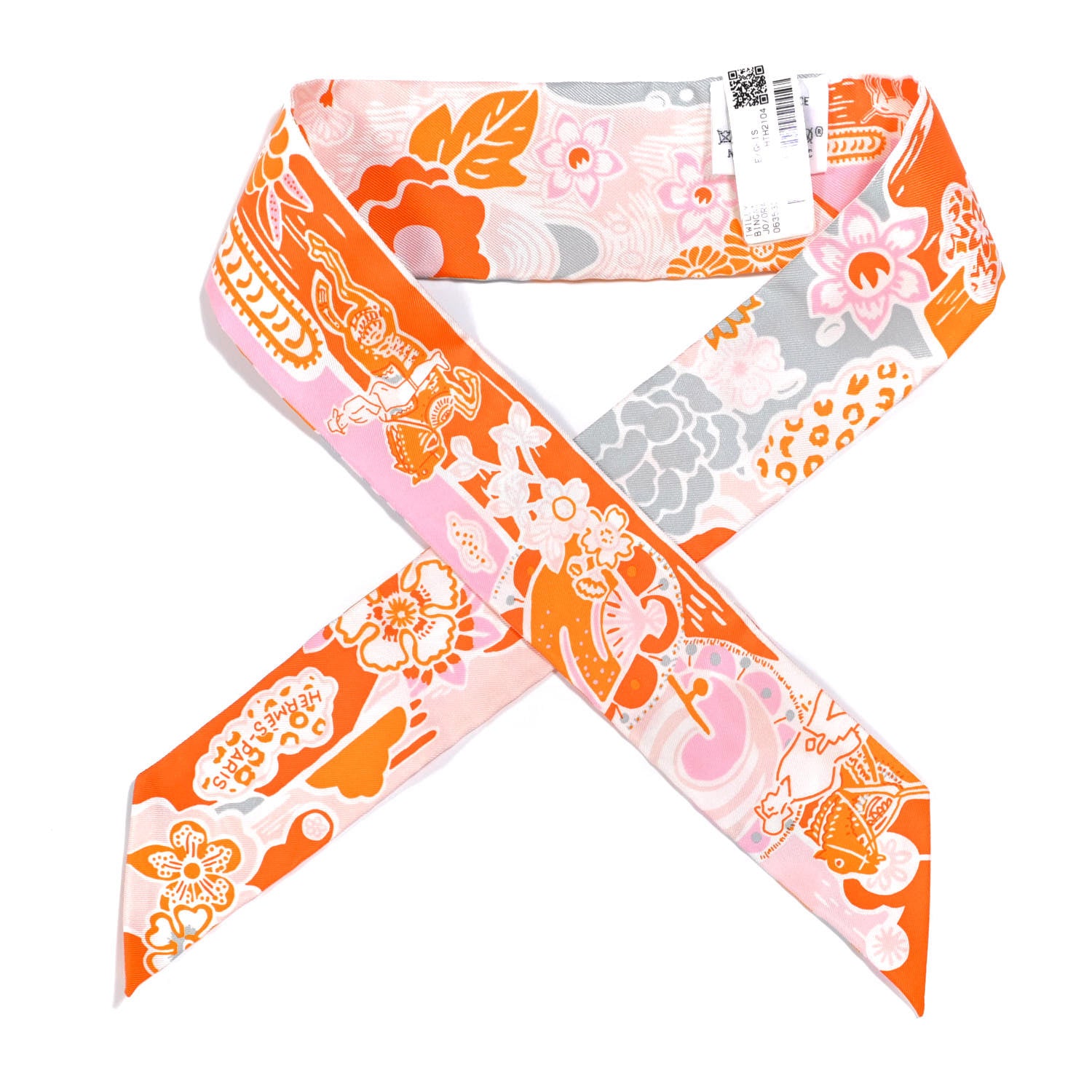 Hermes Silk Bingata Twilly Orange Rose Gris 1 of 4