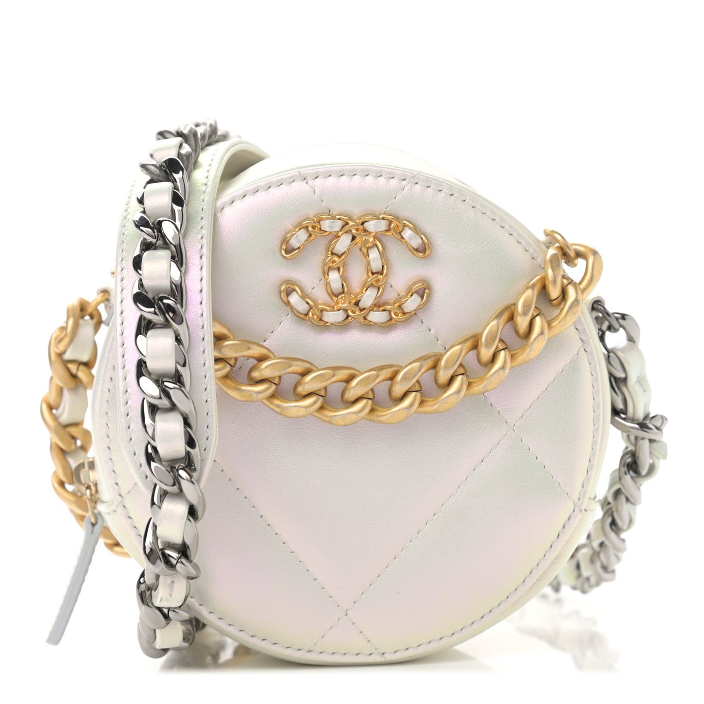 Iridescent Calfskin Quilted Chanel 19 Round Clutch With Chain White