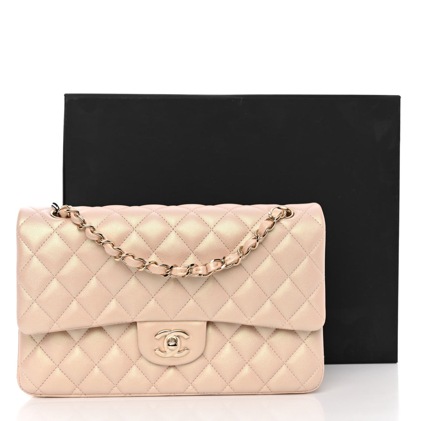 Iridescent Calfskin Quilted Medium Double Flap Beige