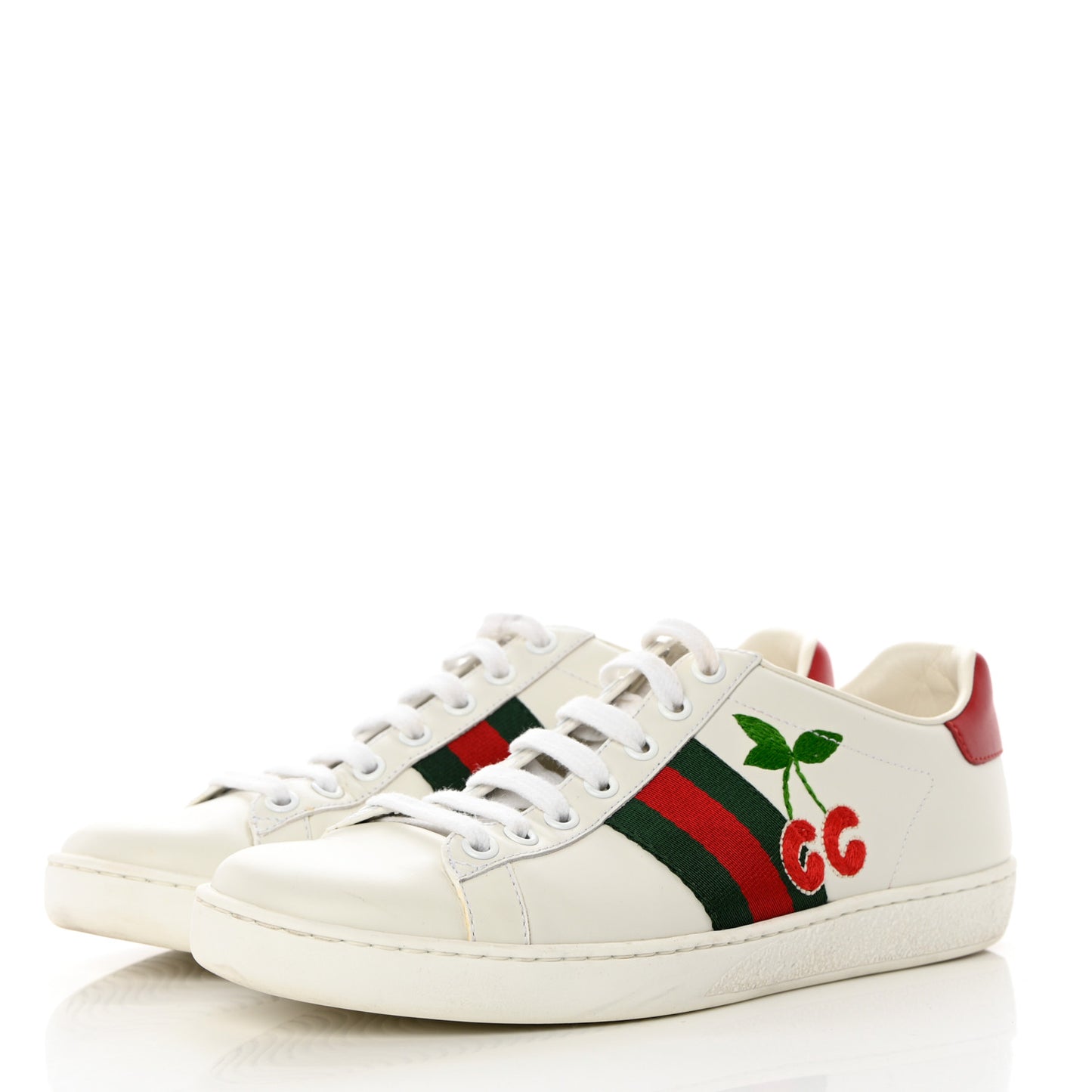 Calfskin Web Cherry Embroidered Womens Ace Sneakers 37 White
