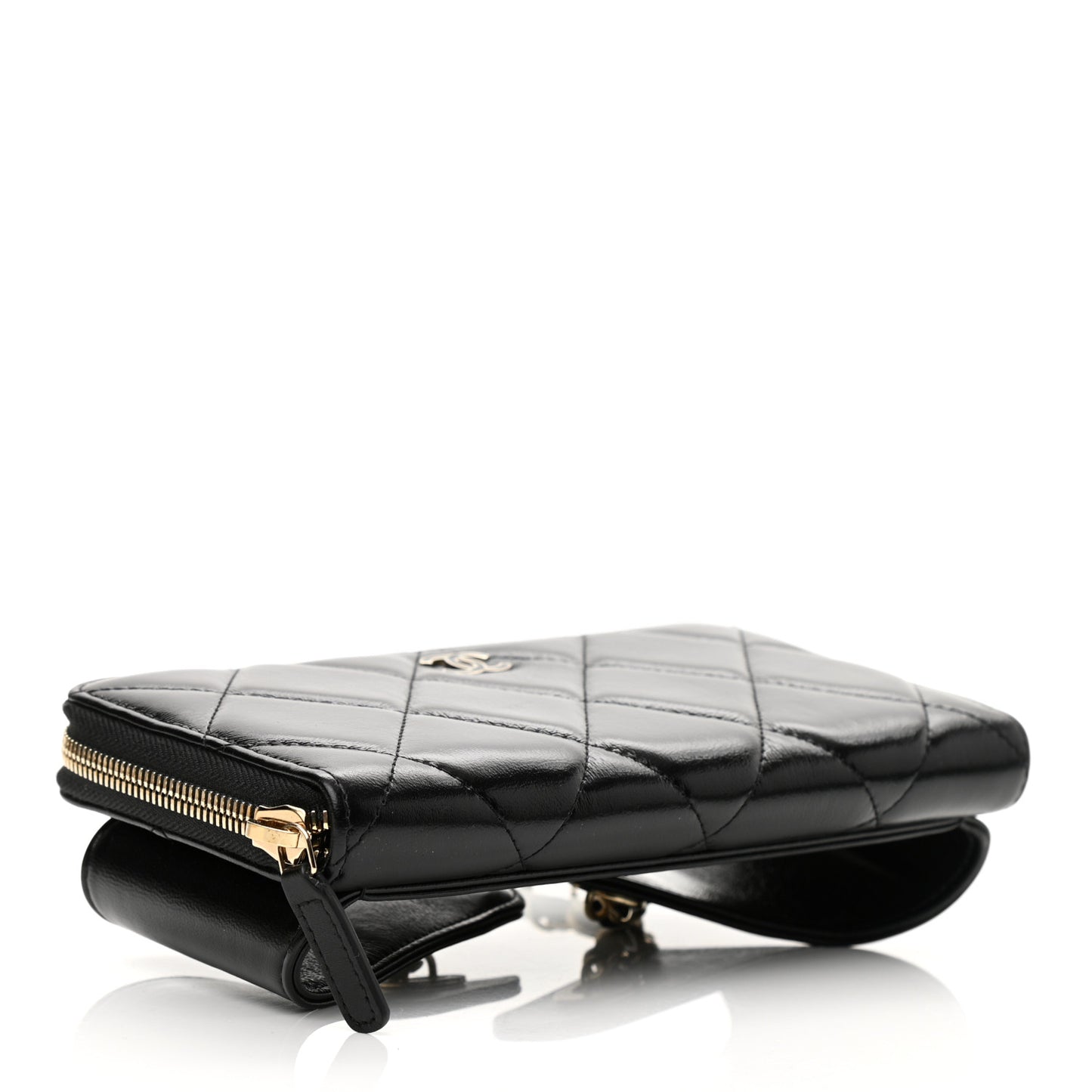 Shiny Lambskin Gusset Zip Around Waist Belt Wallet Black