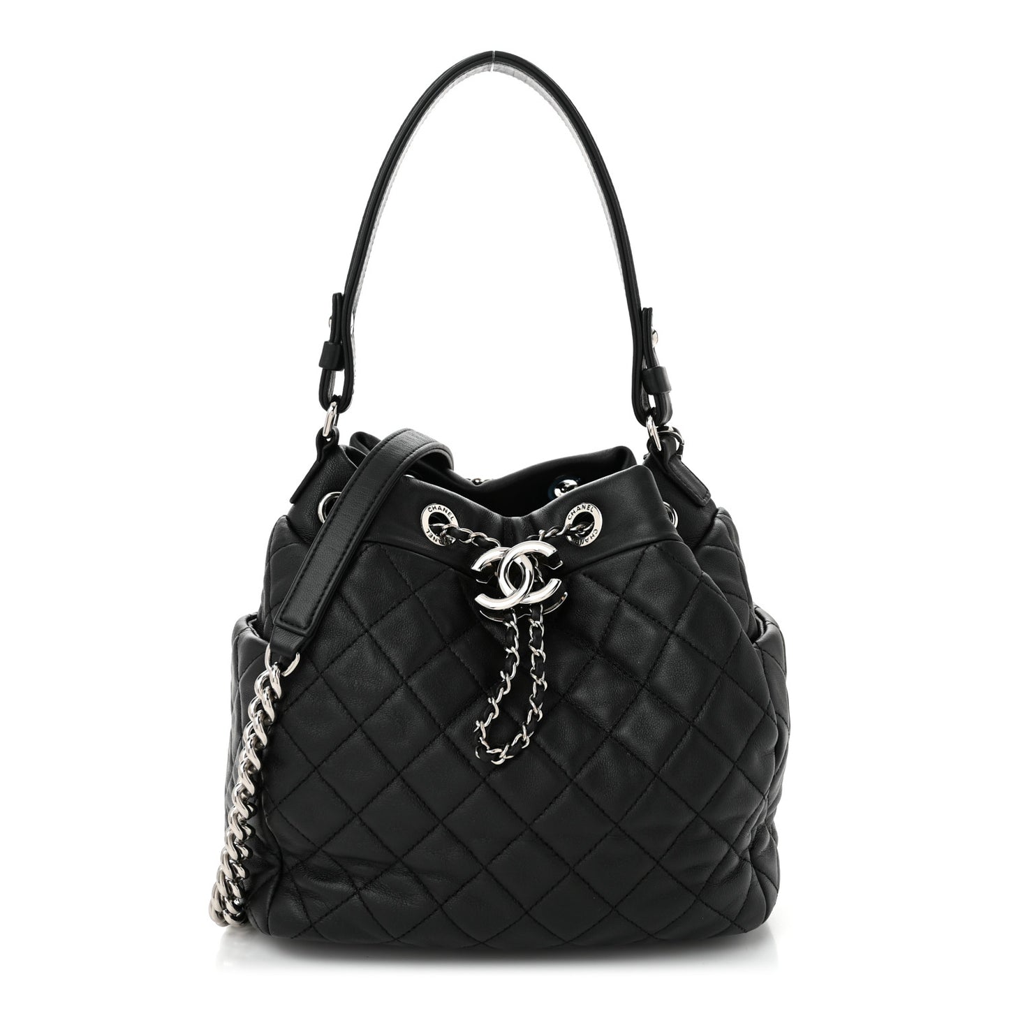 Lambskin Quilted CC Chain Drawstring Tote Black