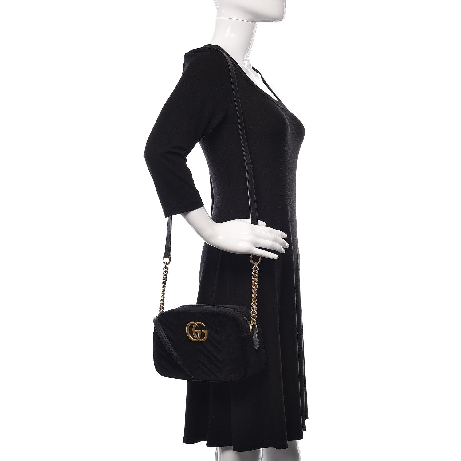 Gucci Velvet Matelasse Small GG Marmont Chain Shoulder Bag Black 2 of 10