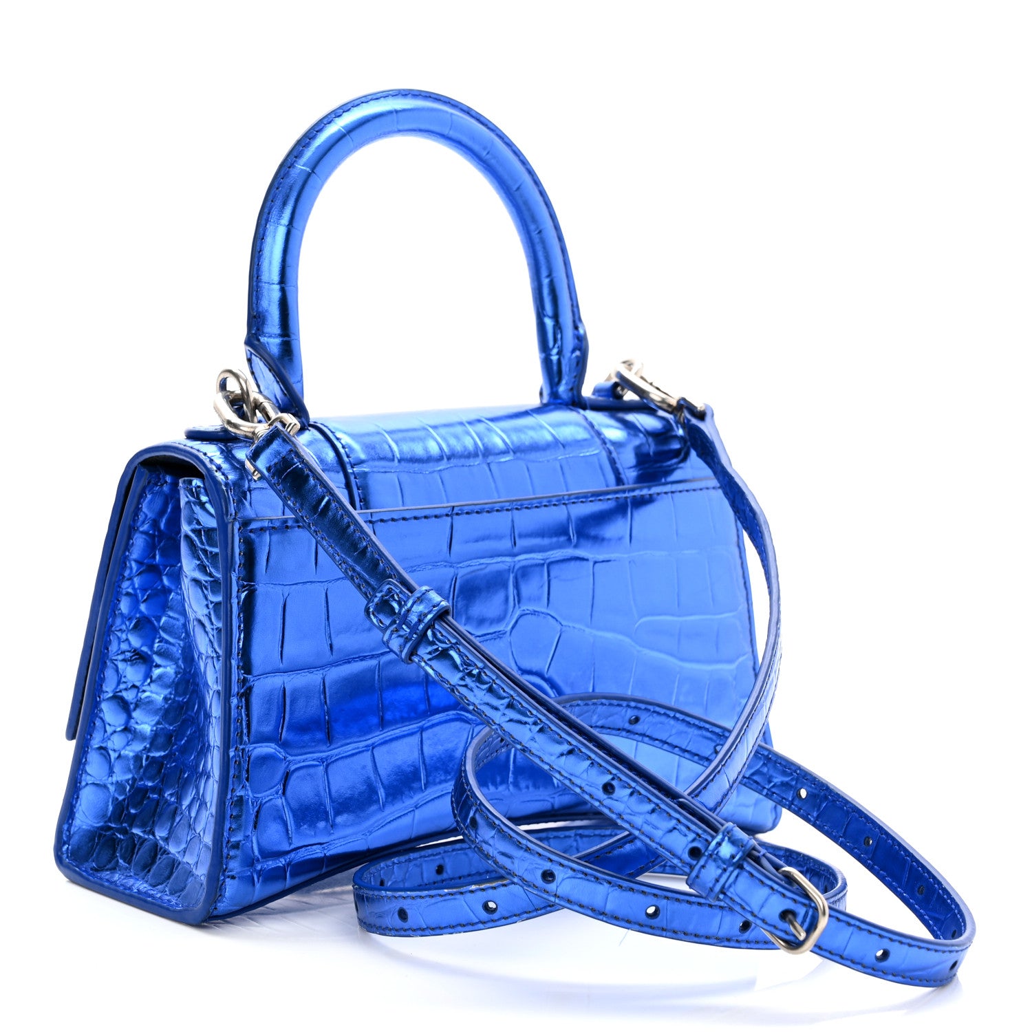 Balenciaga Metallic Shiny Calfskin Crocodile Embossed Hourglass Top Handle Bag XS Royal Blue 3 of 12