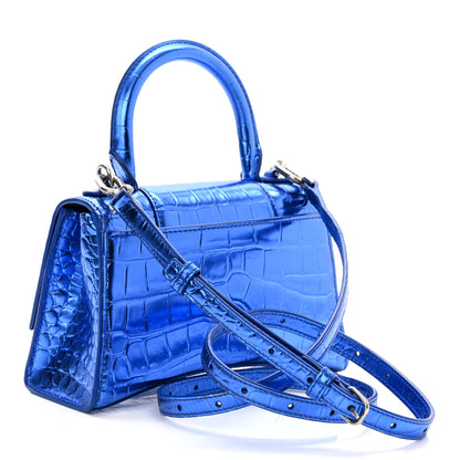 Balenciaga Metallic Shiny Calfskin Crocodile Embossed Hourglass Top Handle Bag XS Royal Blue 3 of 12