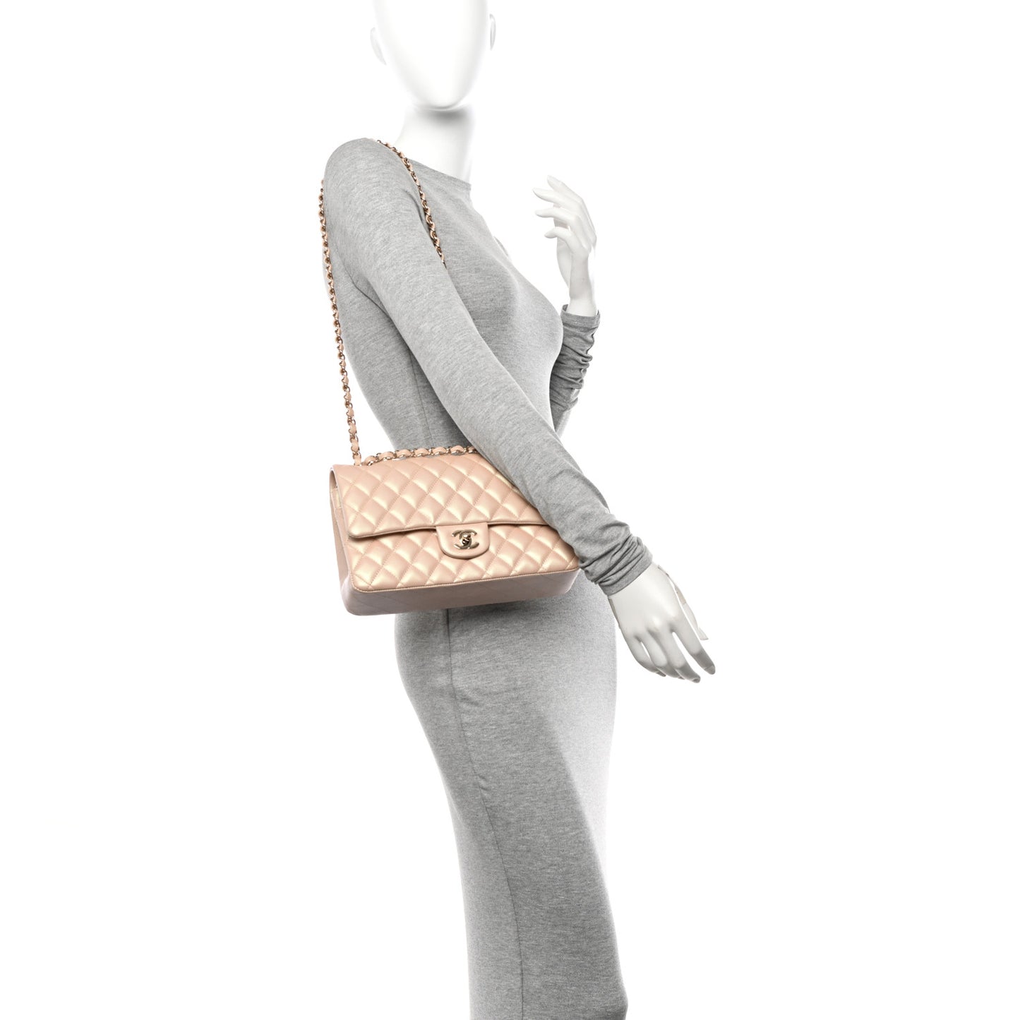 Iridescent Lambskin Quilted Medium Double Flap Beige