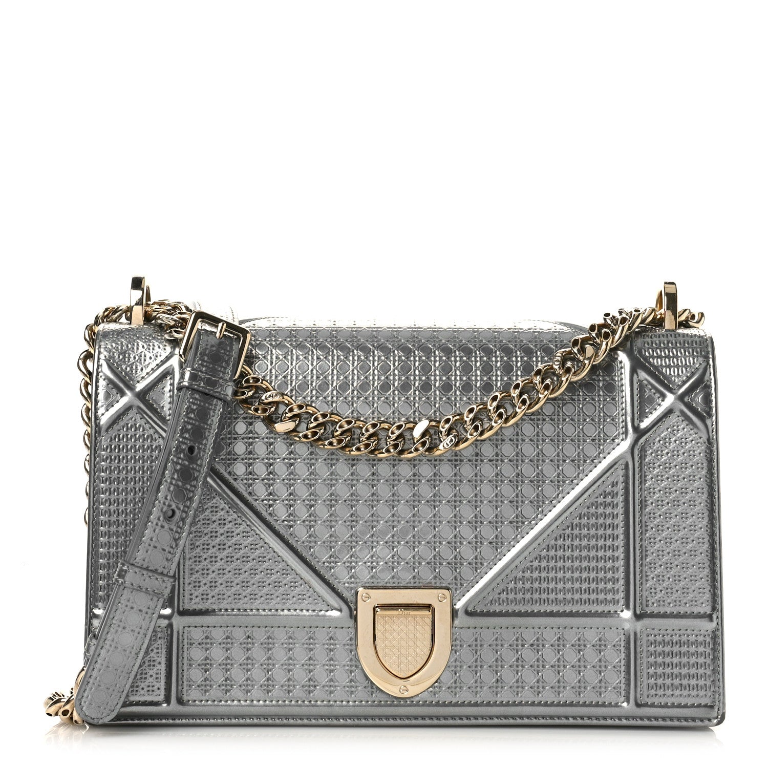 Christian Dior Metallic Patent Micro-Cannage Medium Diorama Flap Bag Silver 1 of 8