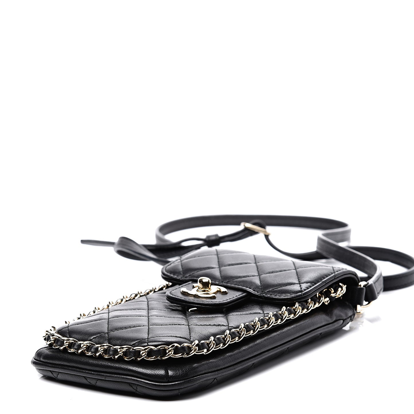 Lambskin Quilted Chain Around Flap Crossbody Black