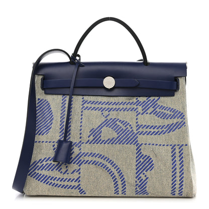 Hermes Vache Hunter Toile H Brides de Gala Herbag Zip Retourne 31 PM Bleu De France Ecru Black 1 of 12