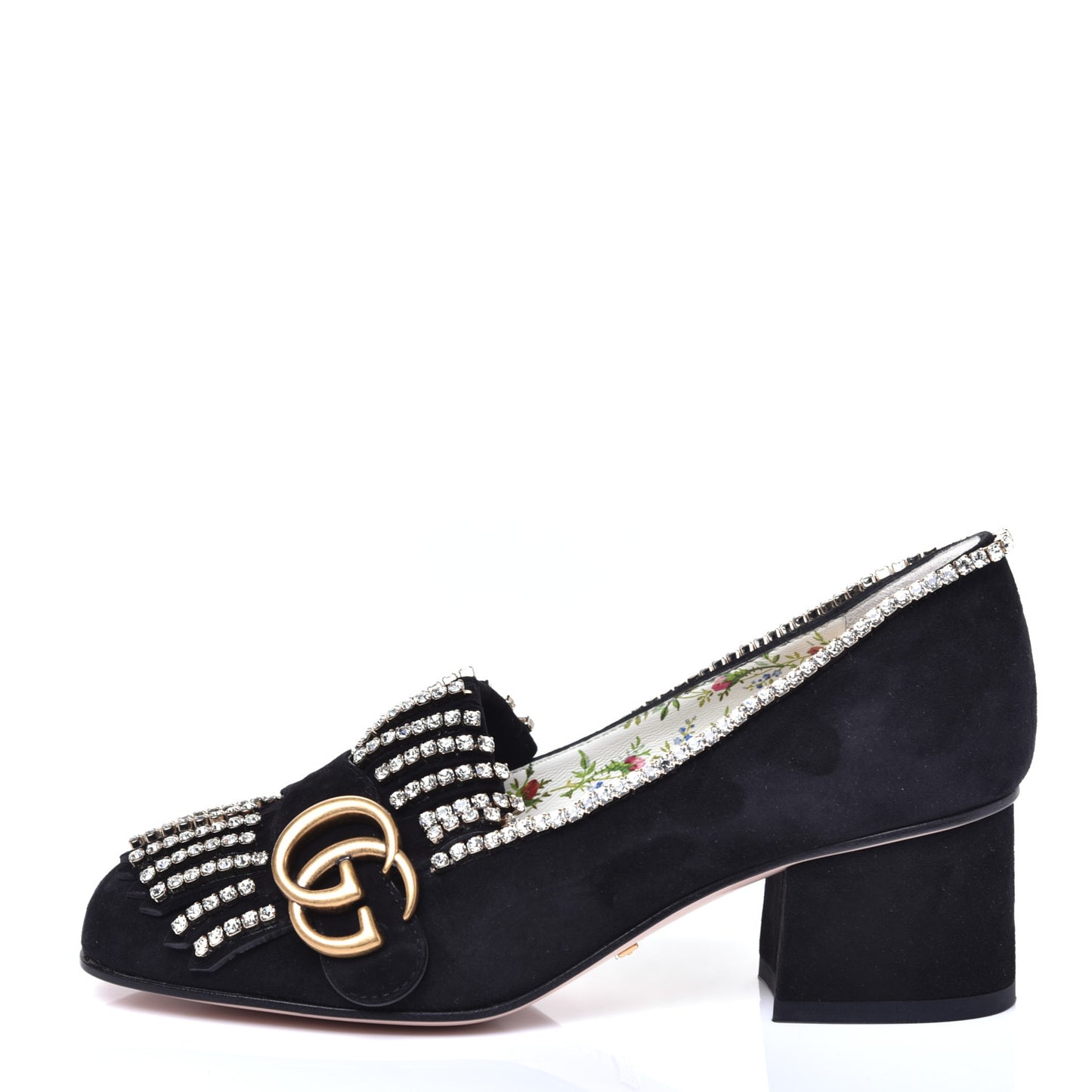 Kid Scamosciato Crystal GG Marmont Fringe 50mm Loafer Pumps 35 Black