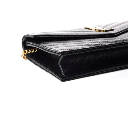 Saint Laurent Grain De Poudre Matelasse Chevron Monogram Envelope Chain Wallet Black 5 of 9