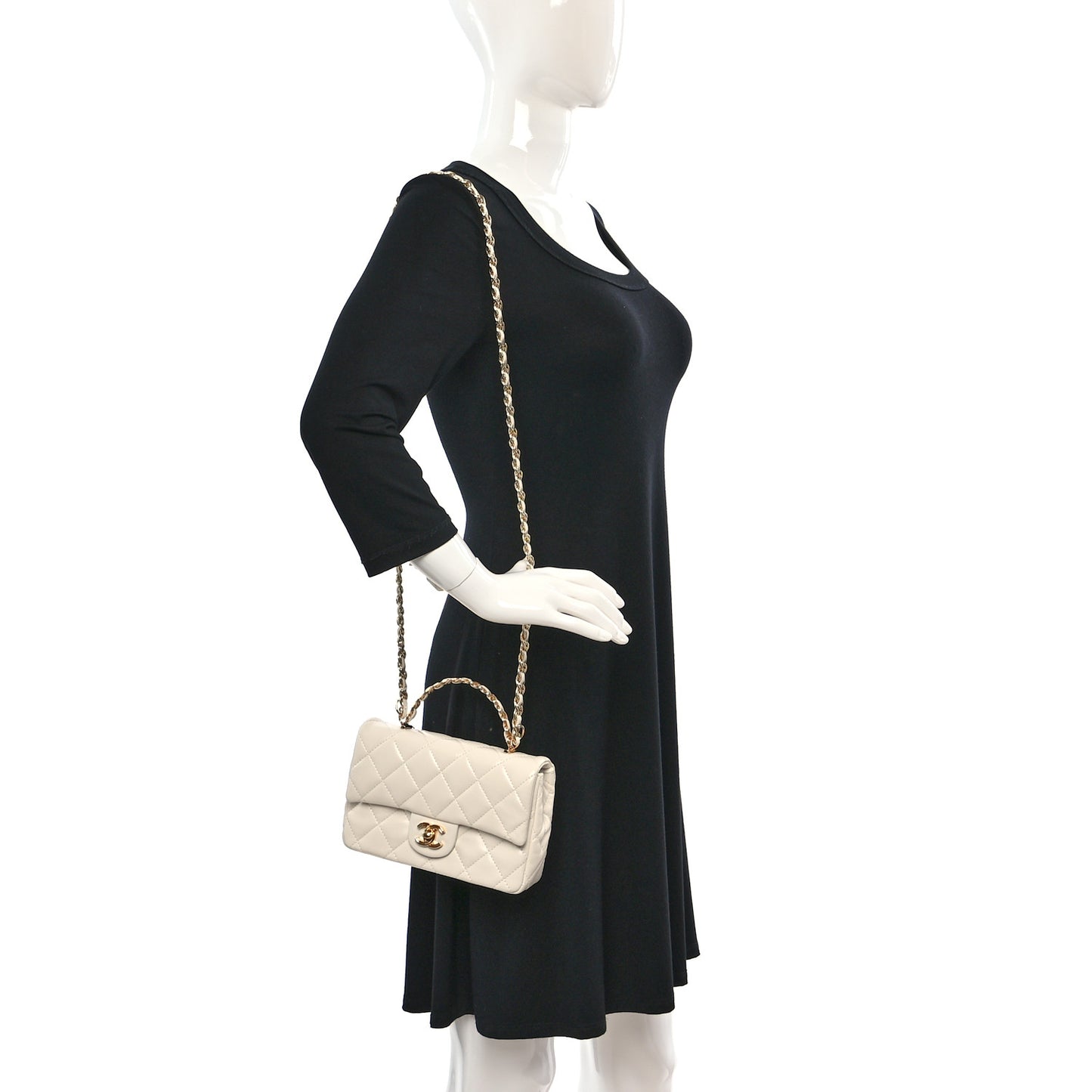 Shiny Lambskin Quilted Golden Links Top Handle Flap White