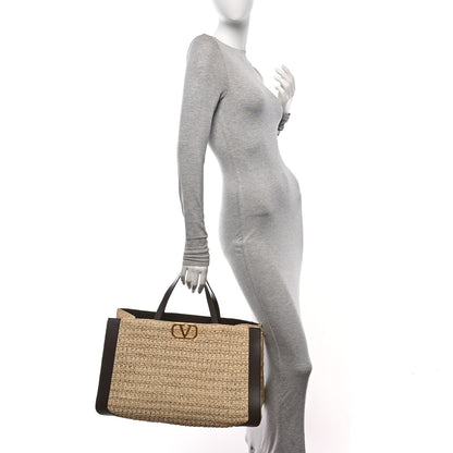 Valentino Garavani Raffia Calfskin Vlogo Tote Naturale Fondant 2 of 9