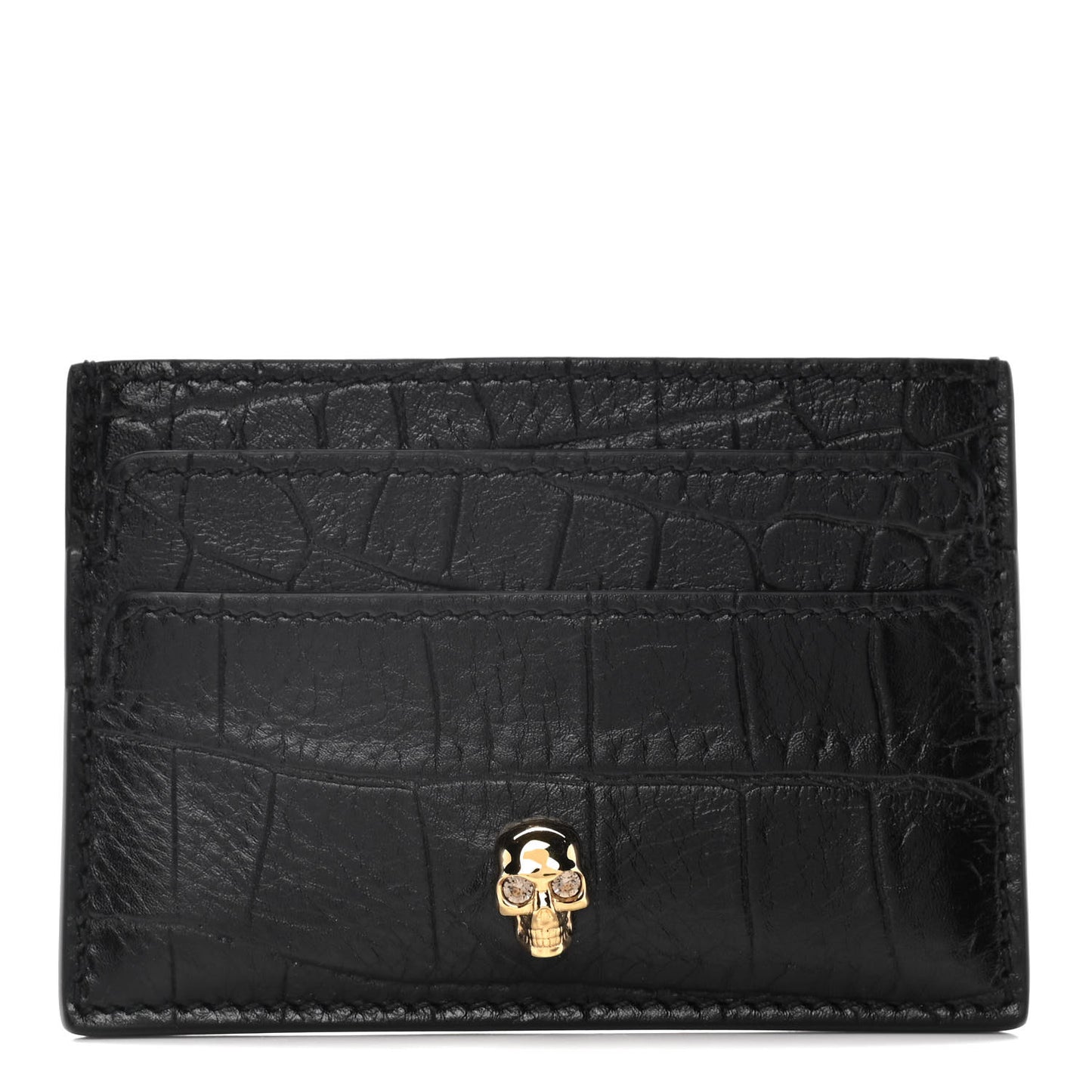 Calfskin Crocodile Embossed Skull Card Holder Black