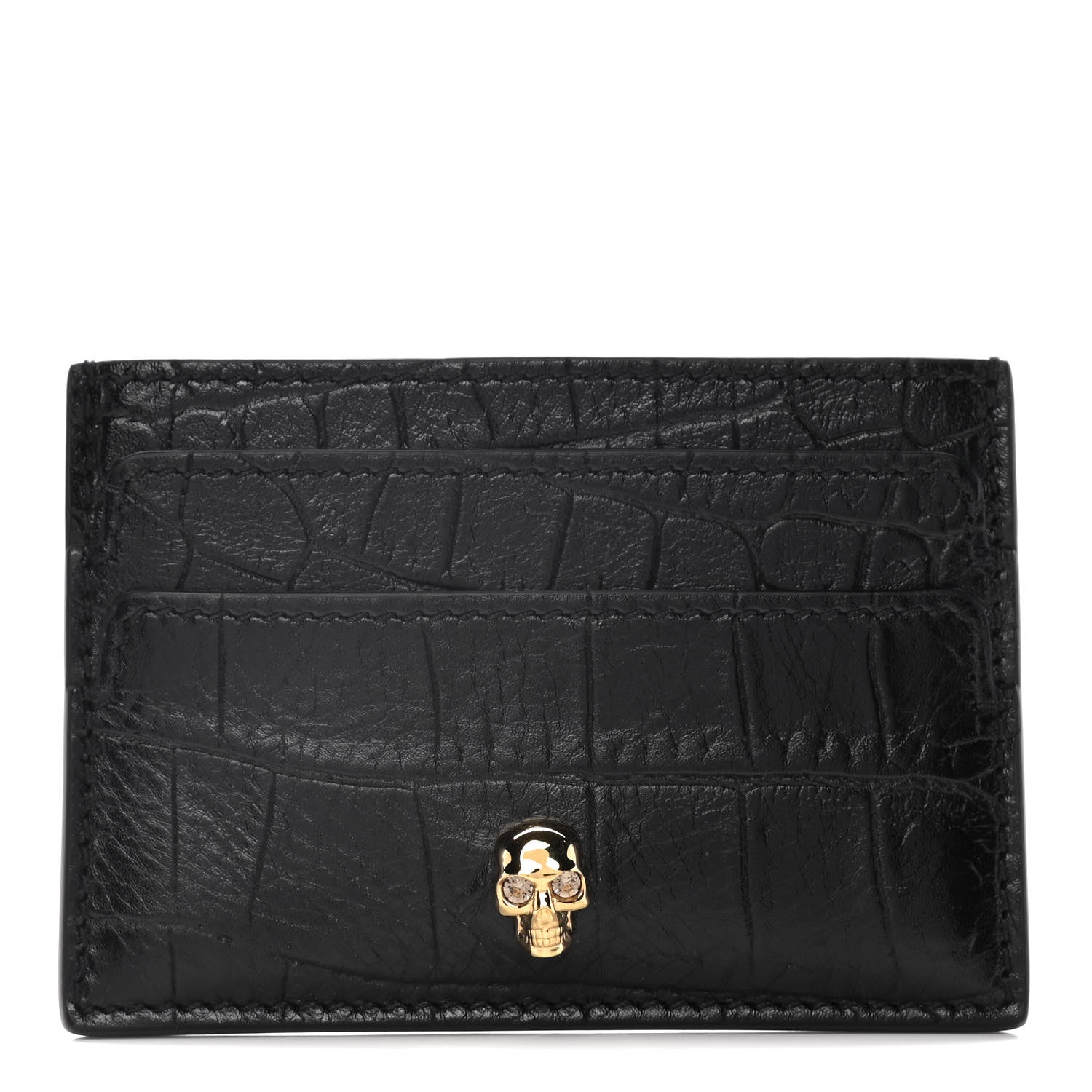 Alexander McQueen Calfskin Crocodile Embossed Skull Card Holder Black 1 of 9