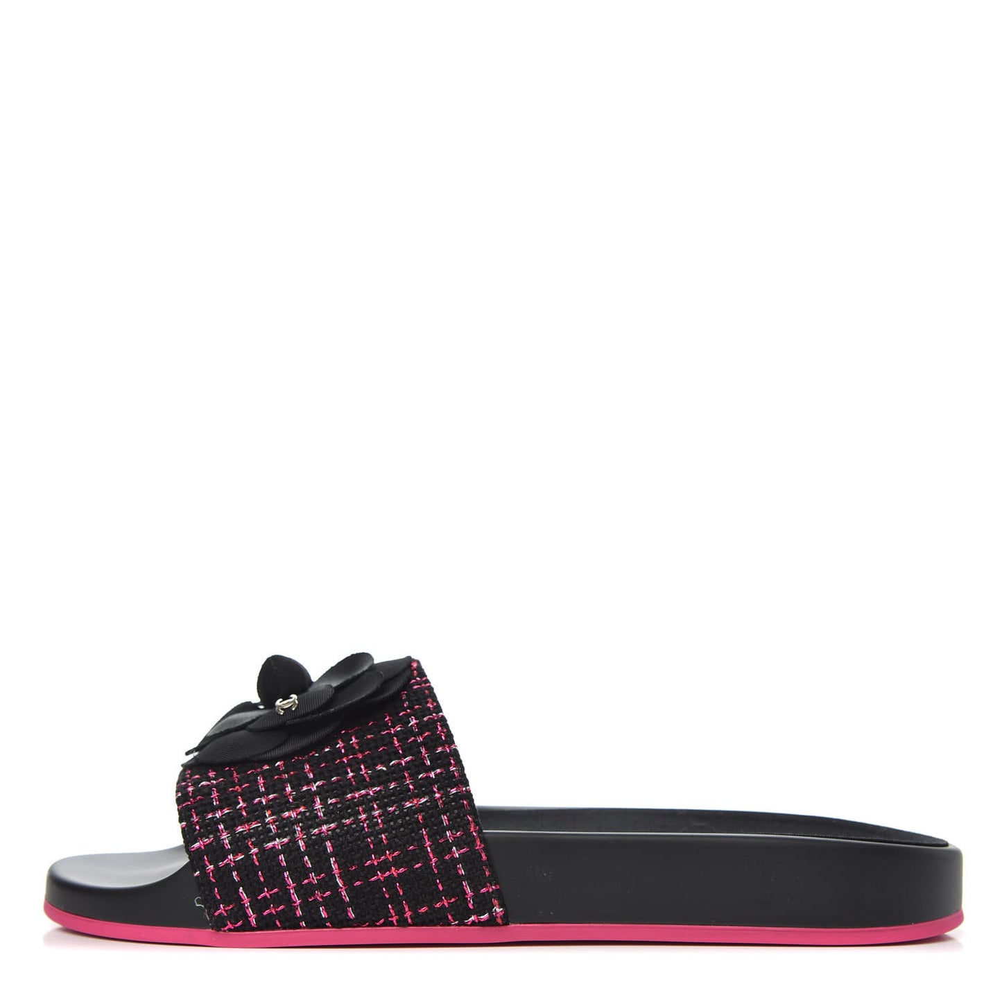 Tweed Grosgrain Camellia CC Flat Mules 40 Black Pink