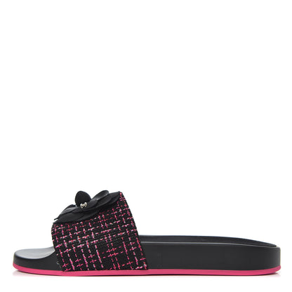 Chanel Tweed Grosgrain Camellia CC Flat Mules 40 Black Pink 1 of 8