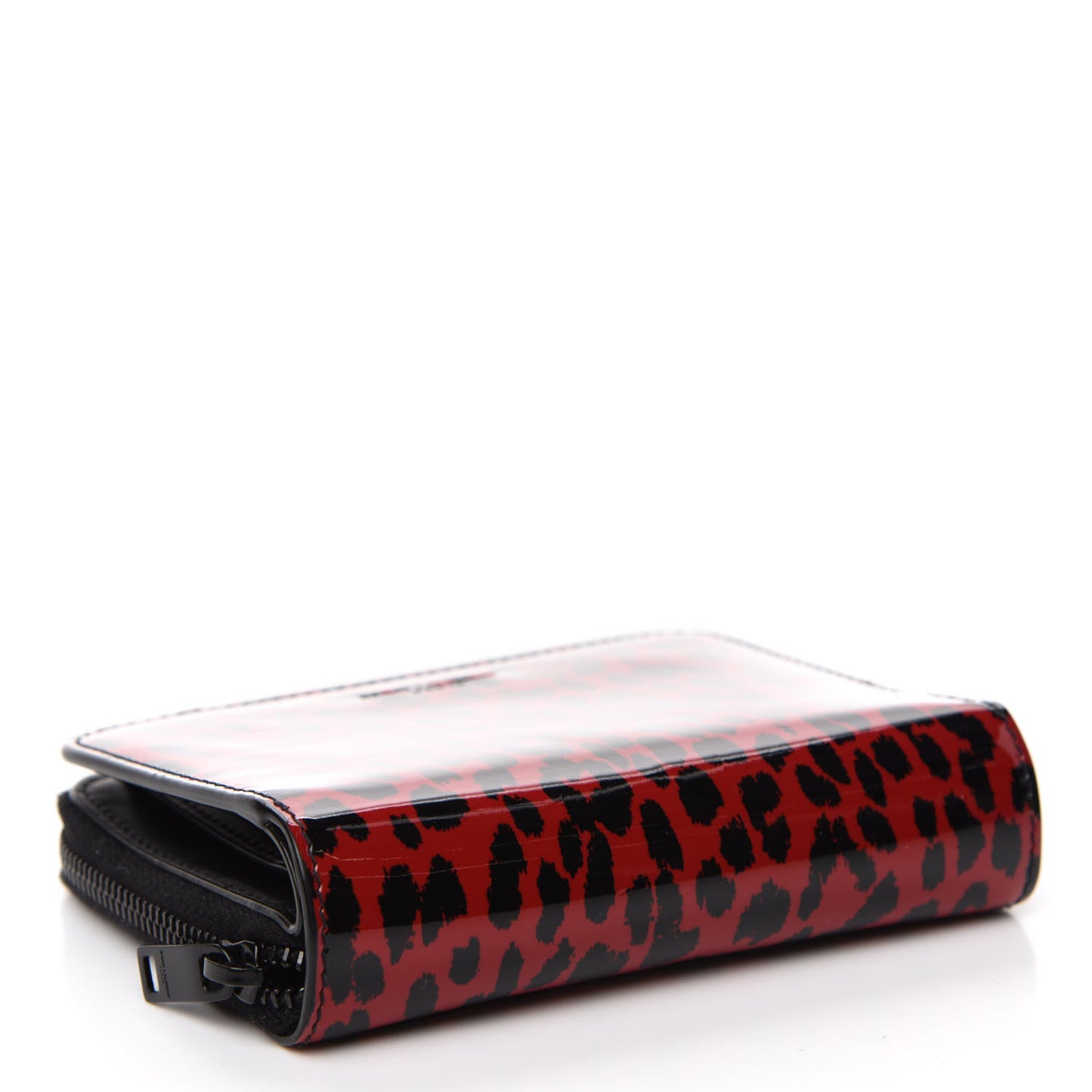 Patent Leopard Print Compact Zip Around Wallet Black Red