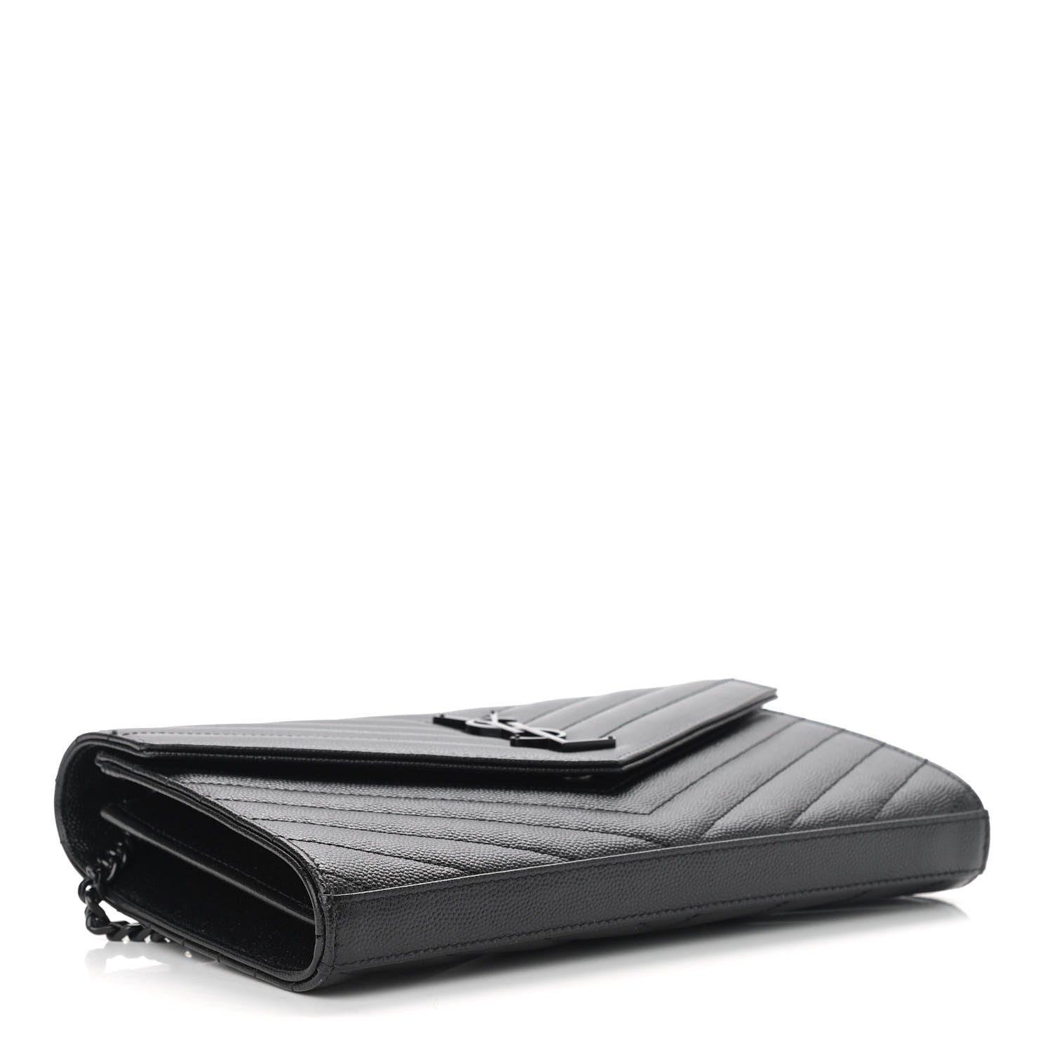 Saint Laurent Grain De Poudre Matelasse Chevron Monogram Chain Wallet Black 4 of 13