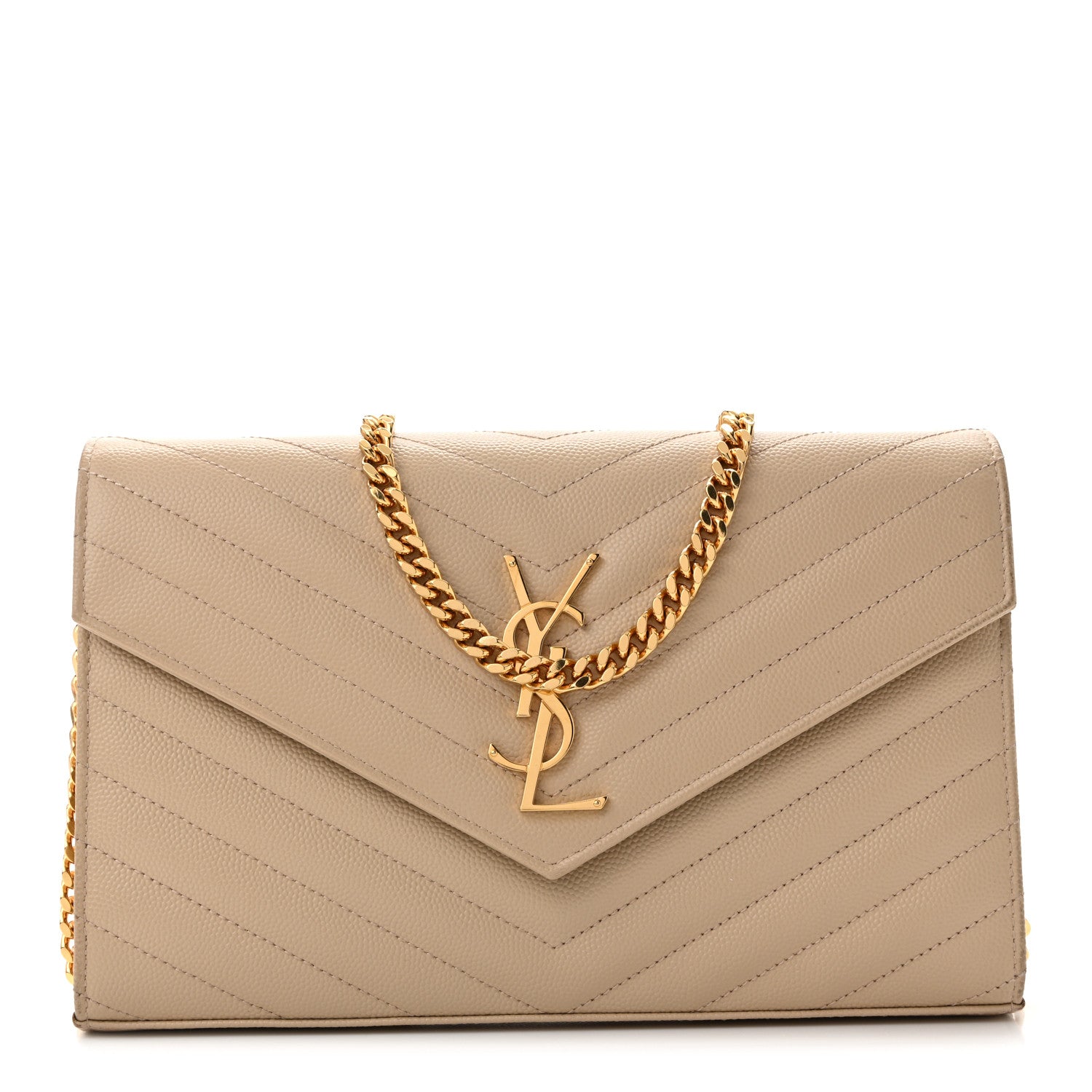 Saint Laurent Grain De Poudre Matelasse Chevron Monogram Chain Wallet Dark Beige 1 of 13