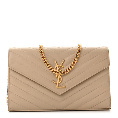 Saint Laurent Grain De Poudre Matelasse Chevron Monogram Chain Wallet Dark Beige 1 of 13