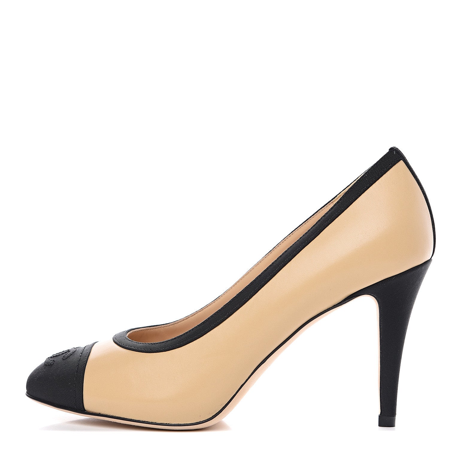 Chanel Lambskin Grosgrain Cap Toe CC Pumps 37 Beige Black 1 of 10