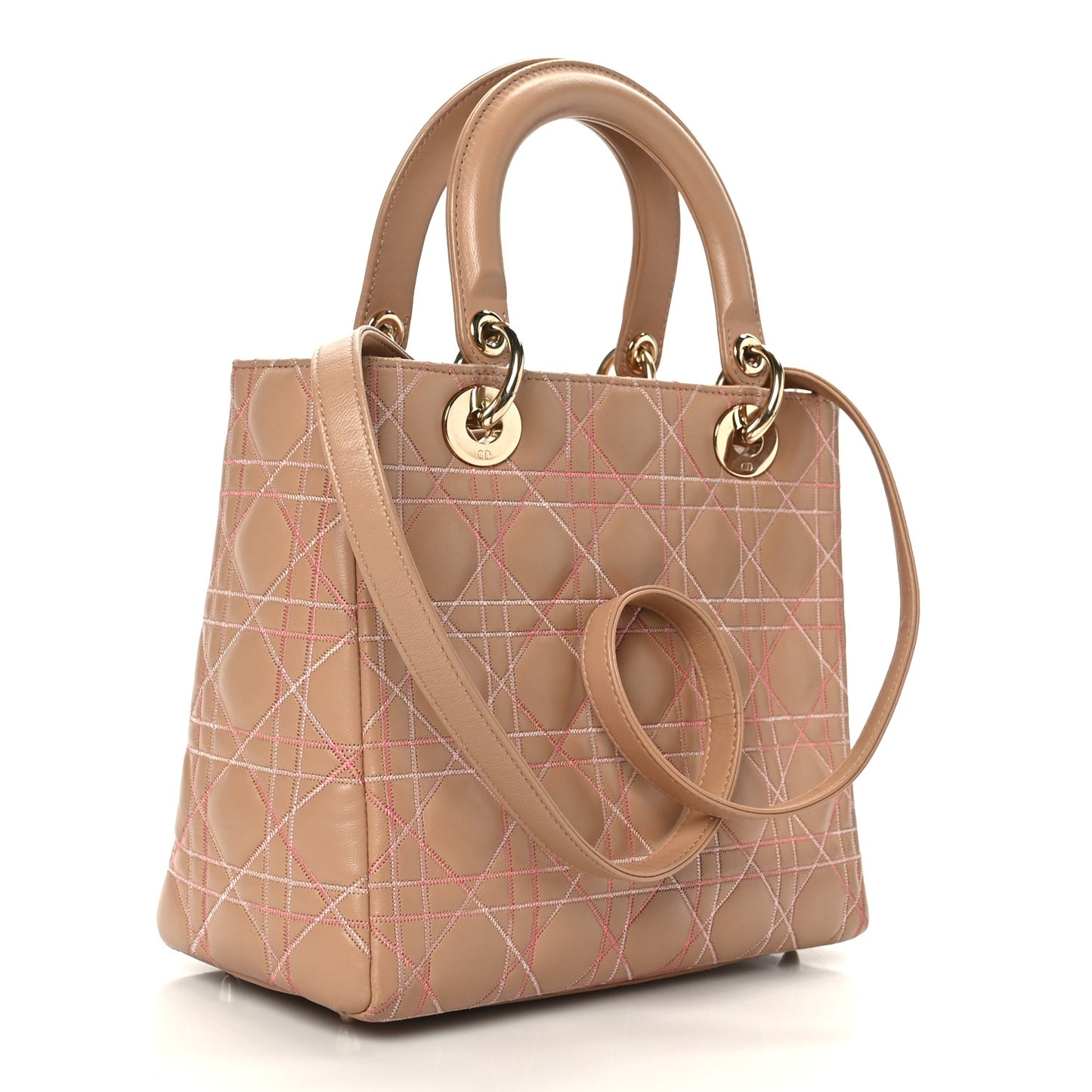 Lambskin Cannage Contrast Stitch Medium Lady Dior Beige